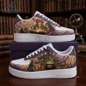 Hocus Pocus Sanderson Sisters Air Force 1 Sneakers featuring custom witch illustrations, purple tones, and spellbook designs.