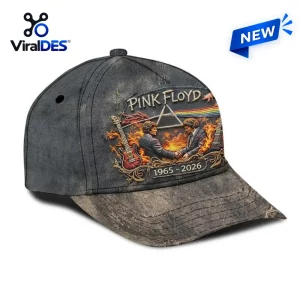 Front view of the Pink Floyd 1965-2026 Distressed Cap featuring a graphic of two men shaking hands amid flames.