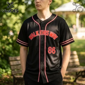 Aerosmith x Run DMC Walk This Way black baseball jersey featuring red text and piping on a button-up athletic shirt.