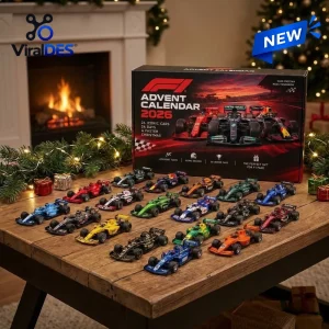 Formula 1 Advent Calendar box displayed with a collection of multicolored diecast race cars arranged on a wooden table.