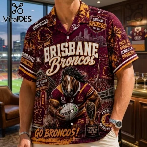 Brisbane Broncos Maroon Hawaiian Shirt featuring a horse mascot, Suncorp Stadium graphics, and team branding.