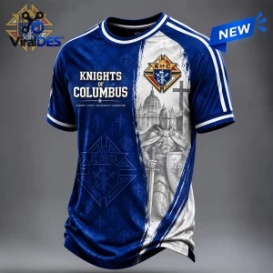 Knights of Columbus Blue Crusader T-Shirt featuring a medieval knight, Vatican dome graphic, and white stripe detailing.