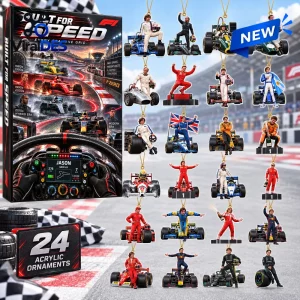 Front view of F1 Racing Legends Christmas Advent Calendar 2026 box and twenty-four race car driver ornaments.