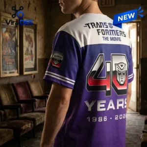 Rear view of Transformers 40th Anniversary Purple Baseball Jersey with 40 Years graphic on the back.