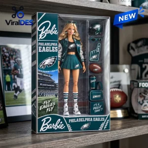 Barbie Philadelphia Eagles Acrylic Plaque collectible set featuring a doll in team colors, stadium graphics, and accessories.