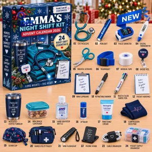 Front view of Emma Night Shift Essentials Advent Calendar 2026 showing numbered nursing gear items.