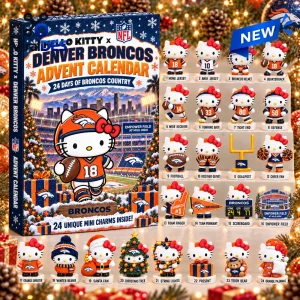 Front view of a boxed Hello Kitty x Denver Broncos advent calendar featuring 24 numbered sports themed mini figures.