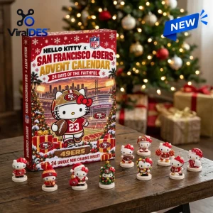 Front view of a Hello Kitty x San Francisco 49ers advent calendar box on a table with eight small character figurines.