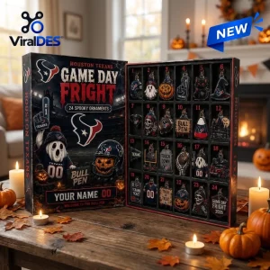 Front view of Houston Texans Game Day Fright Halloween Advent Calendar open with 24 spooky ornaments.