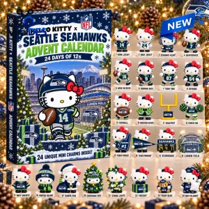 Front view of a Seattle Seahawks advent calendar featuring twenty-four individual Hello Kitty character mini figures.