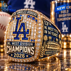 Close-up view of the Los Angeles Dodgers 2026 NL West Division Champions Ring featuring blue and white stones.