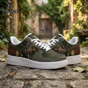 Iron Maiden A Matter of Life and Death 20th Anniversary AF1 sneaker with military green graphics on a stone background.