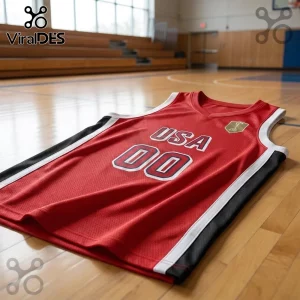 USA Women's Basketball 2026 FIBA World Cup red jersey featuring white and black side panels on a wooden basketball court.