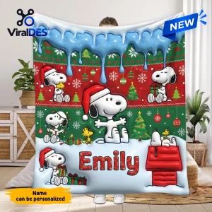 Personalized Snoopy Christmas fleece blanket featuring Snoopy in a Santa hat, Woodstock, and festive holiday decor.