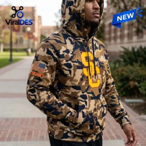 USC Trojans Camo Military Appreciation Hoodie featuring tan and brown camouflage pattern, yellow SC logo, and US flag patch.