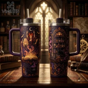 Hocus Pocus Potion Shelf 40oz Stanley Tumbler featuring purple finish, witch sisters, spellbooks, and gothic potion shelves.
