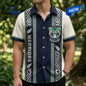 Front view of a New Zealand Warriors Maori pattern Hawaiian shirt in navy blue, cream, and green tones.