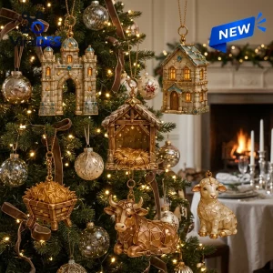 Hanging golden ornaments of the 2026 Nativity Story Christmas Advent Calendar on a tree.