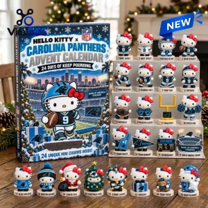 Front view of Hello Kitty x Carolina Panthers advent calendar with 24 mini collectible figures on a wooden surface.