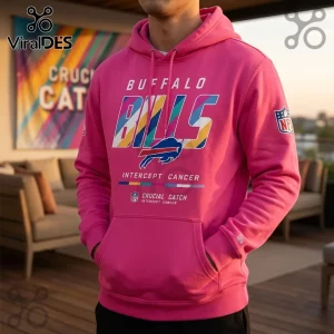 Buffalo Bills NFL Crucial Catch Intercept Cancer pink hoodie with team logo and multi-colored lettering on the chest.