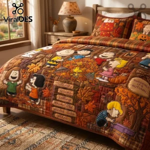 Peanuts Snoopy Great Pumpkin Fall Harvest Quilt Bedding Set featuring Charlie Brown characters in autumn leaves pattern.