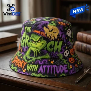 Front view of The Grinch Halloween Witch Hat Bucket Hat with spooky green monster graphic.