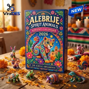 Front view of the Alebrije Spirit Animal Advent Calendar 2026 box surrounded by colorful animal figurines on a wooden table.