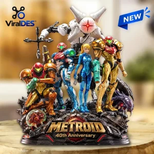 Metroid 40th Anniversary Samus Aran acrylic plaque featuring various Samus armor iterations and a central giant boss figure.