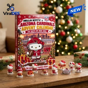 Front view of a Hello Kitty x Arizona Cardinals Advent Calendar box surrounded by small character figurines on a desk.