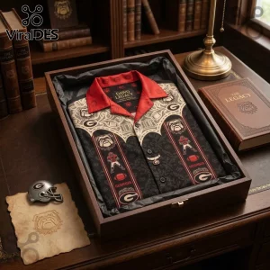 Georgia Bulldogs Premium Mascot Hawaiian Shirt in a wooden display box featuring team logos, football icons, and red collar.