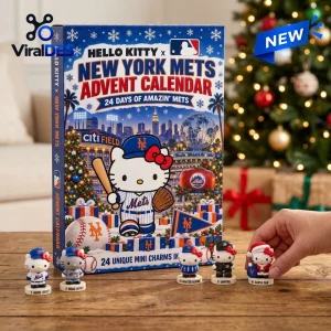 Front view of Hello Kitty x New York Mets Advent Calendar 2026 with mini figurines on a wooden table.