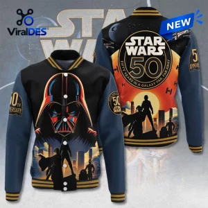 Front and back view of the Star Wars 50th Anniversary Darth Vader baseball jacket with character graphics.