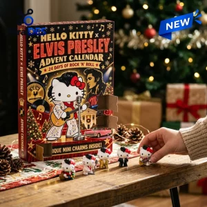 Front view of a Hello Kitty x Elvis Presley Advent Calendar 2026 box with four small collectible figures on a table.