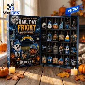 Open Los Angeles Chargers Halloween advent calendar with 24 spooky football ornaments.