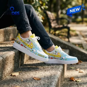 Snoopy Peanuts Custom Air Force 1 Sneakers featuring a colorful comic strip pattern on light blue and yellow leather.