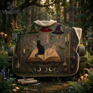 Witchcraft Cat and Spellbook Hooded Blanket featuring a black cat on an open grimoire with witch hats and candles.