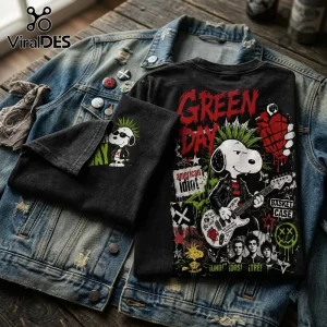 Green Day x Snoopy Rock Band Shirt featuring a punk-style Snoopy playing guitar with band imagery on a black cotton tee.