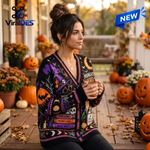 Lifestyle view of woman wearing a Midnight Margaritas witch cat Halloween ugly cardigan holding a mug on a porch.