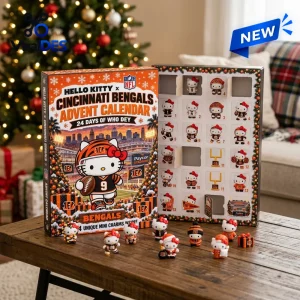 Front view of a Hello Kitty x Cincinnati Bengals Advent Calendar with several small character figurines on a wooden table.