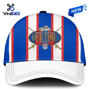 Front view of a Newcastle Knights 2026 Grand Final cap with red, white, and blue vertical stripes.