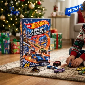 Front view of the Hot Wheels Advent Calendar 2026 box featuring toy cars on a rug near a Christmas tree.