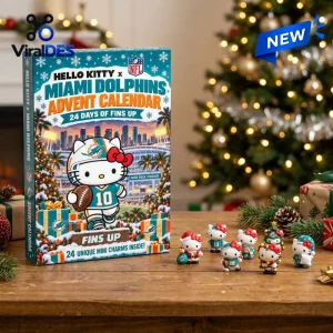Front view of Hello Kitty x Miami Dolphins Advent Calendar box on a wooden table with small themed character figurines.
