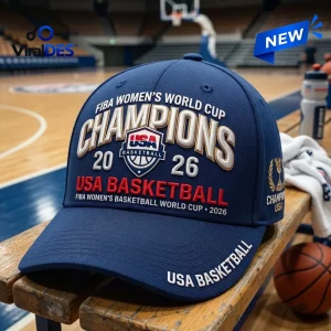 USA Basketball 2026 World Cup Champions navy baseball cap with white and red embroidered lettering on a wooden bench.