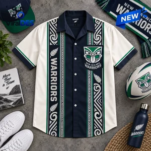 Front view of a New Zealand Warriors Maori pattern Hawaiian shirt with a central navy panel and team logo.