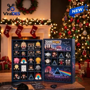 Front view of Pink Floyd Christmas Advent Calendar 2026 featuring collectible figurines in open compartments.