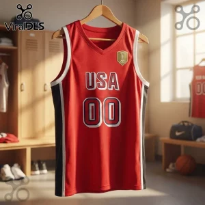 USA Women's Basketball 2026 FIBA World Cup red jersey with white and black trim, number 00, on a wooden hanger in a locker.
