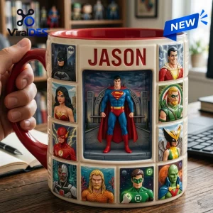 Justice League Character Diorama Ceramic Mug featuring Superman in the center with surrounding DC superhero panels.