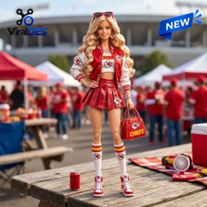 Barbie x Kansas City Chiefs Acrylic Plaque featuring a blonde doll in a red and white varsity outfit at a stadium tailgate.