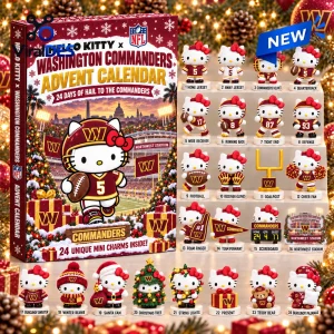 Front view of Hello Kitty x Washington Commanders Advent Calendar 2026 showing twenty-four numbered collectible charms.