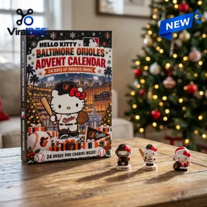 Front view of Hello Kitty Baltimore Orioles Advent Calendar box with three character figurines on table.